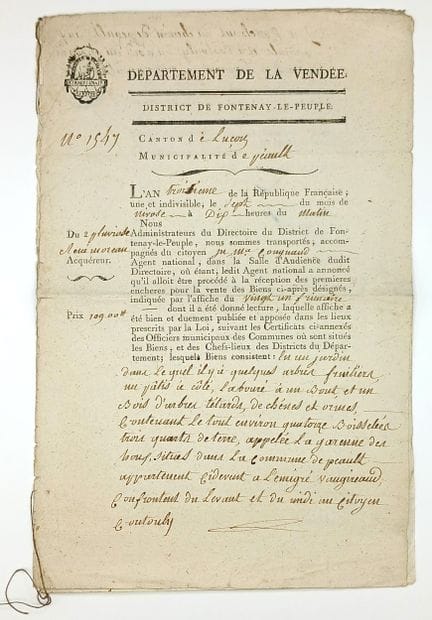 VENDÉE. BIENS NATIONAUX - “District de FONTENAY-LE
