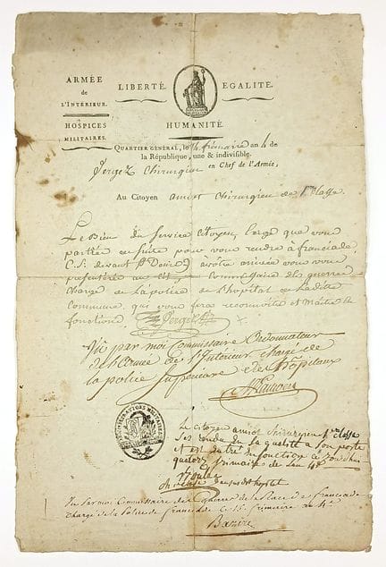 ARMÉE DE L’INTÉRIEUR. Lettre A.S. VERGER Chirurgie