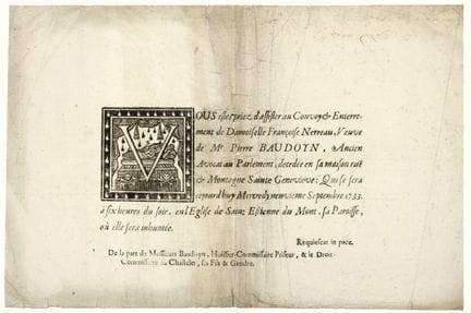 PARIS. 1733. Affiche mortuaire de Damoiselle Franç