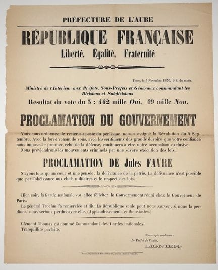 AUBE. 1870. GOUVERNEMENT DE LA DÉFENSE NATIONALE. 