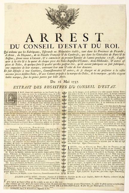 DOUAI (Nord). 1737. MARQUE DES TOILES. « Arrest du