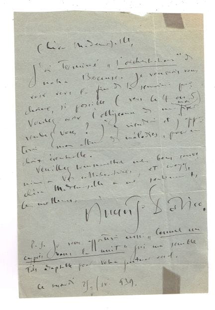 文森佐·达维科（1889 – 1969，意大利作曲家） / 亲笔签名信，1页，in-8开本，1939