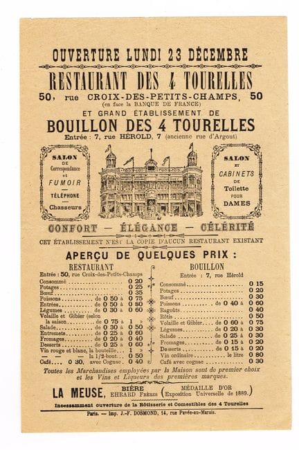 “4 TOURNELLES”餐厅及汤馆（巴黎克鲁瓦-德-佩蒂-尚街50号） / 宣传该店开业的插图广