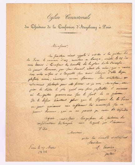 新教——罗多尔夫·库维耶（杜省 1785-1867，牧师）／亲笔签名信，1页，四开本，信头为“巴黎奥