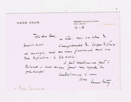 汉斯·豪格（Hans HAUG，1900 – 1967，瑞士作曲家兼指挥家） / 亲笔签名卡片，1页