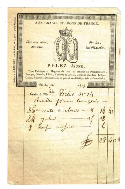 EMPIRE / Facture de la Maison "Aux Grands Cordons 