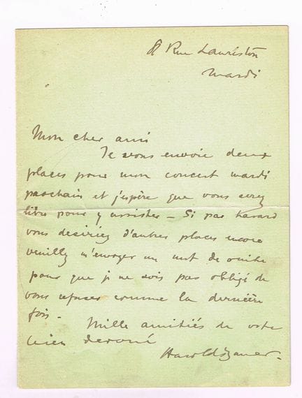 哈罗德·鲍尔（1873-1951，英国钢琴家） / 亲笔签名信，1页，in-8开本