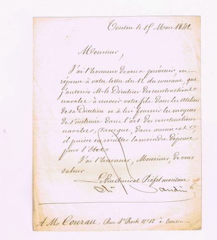 查尔斯·博丹（1784-1854，1854年任法国海军上将） / 亲笔签名信（用左手签署，因其右臂于