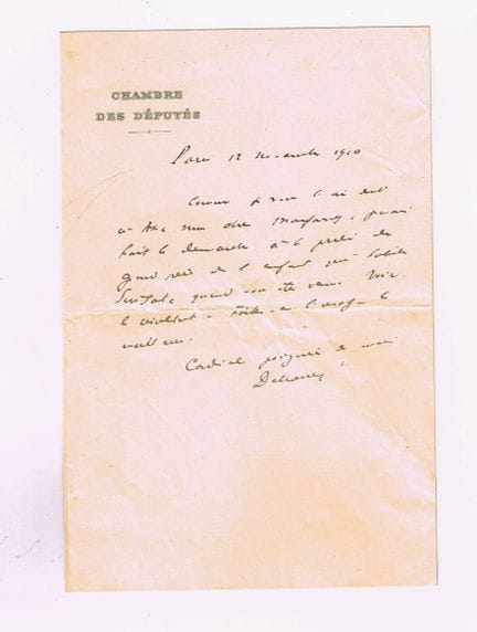 泰奥菲尔·德尔卡斯（1852-1923，与英国缔结“友好协定”的政治家） / 亲笔签名信，1页，八开