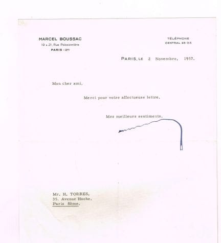 马塞尔·布萨克（Marcel BOUSSAC，1889-1980，实业家兼企业巨头）／亲笔签名的打字