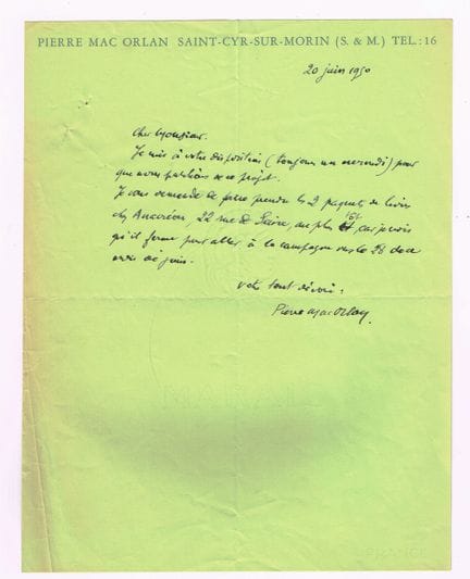 Pierre MAC ORLAN (1882 – 1970, écrivain) / Lettre 