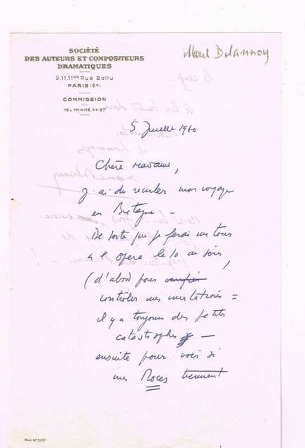 马塞尔·德拉诺伊（1898-1962，作曲家，曾是阿瑟·奥涅格的朋友兼传记作者） / 亲笔签名信，2
