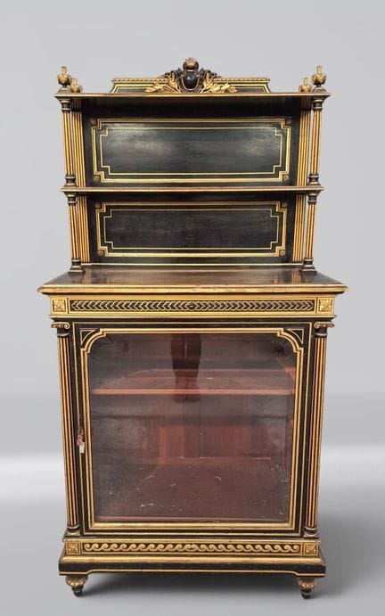 Display cabinet made of wood painted black and gol