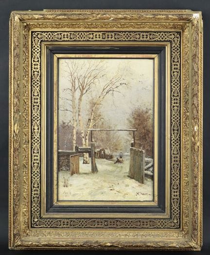 N. SAXE
《雪景与栅栏》，木板油画，右下角签名，左下角标注地点及1879年创作日期
尺寸：40