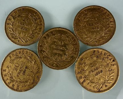[法国]
5枚1859A（1枚）和1859BB（4枚）年份的20法郎拿破仑裸头金币
有磨损
-
该批