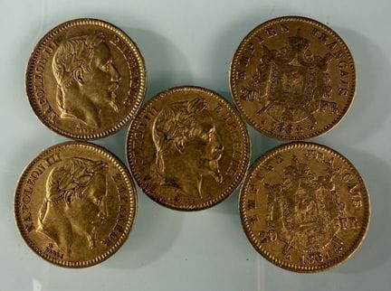 [法国]
5枚20法郎金币，拿破仑戴月桂冠头像，1861A（2枚）、1863A（1枚）、1864A（