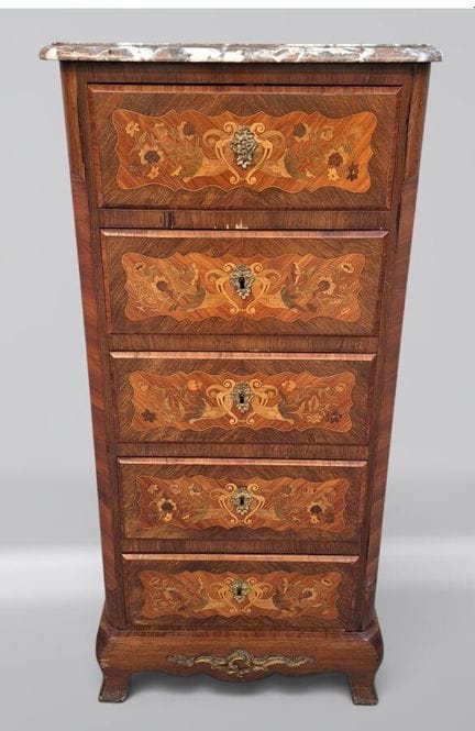 Cómoda de madera chapada con 5 cajones decorados c
