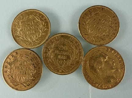 [法国]
5枚1854A（4枚）和1855D（1枚）年份的20法郎拿破仑裸头金币
有磨损
-
该批次