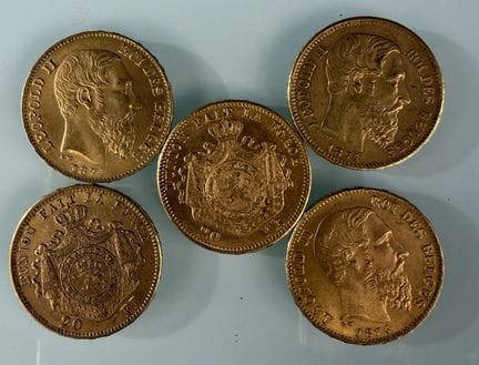 [比利时]
5枚1874年利奥波德二世20法郎金币
有磨损
-
该批次存放在银行。参观及领取需预约