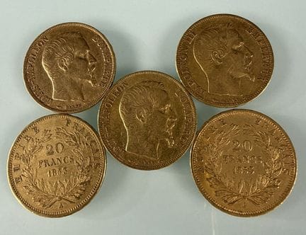 [法国]
5枚1852A（2枚）和1853A（3枚）年份的拿破仑无冠头像20法郎金币
有磨损
-
该