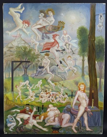 阿德里安·韦伯（20世纪画派）
《巫师的到来——狂欢》，布面油画，左下角签名，画框背面标有标题
尺寸