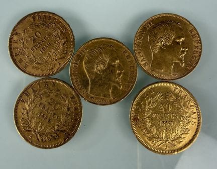 [法国]
5枚1859A年版无冠拿破仑20法郎金币
有磨损
-
该批次存放在银行。参观及领取需预约