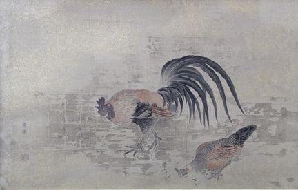 中国或日本
"公鸡和母鸡"，水墨画
尺寸：24 x 37.5 厘米（视图）