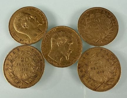 [法国]
5枚1855A年版无冠拿破仑20法郎金币
有磨损
-
该批次存放在银行。参观及领取需预约
