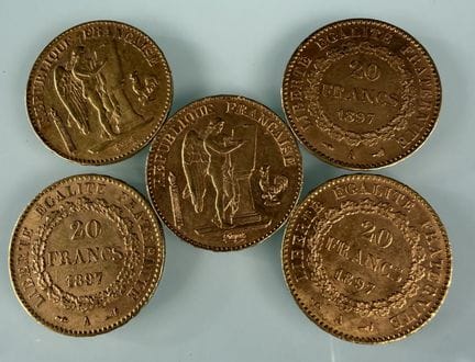 [法国]
5枚1896A（1枚）和1897A（4枚）面值20法郎的“带翼智神”金币
有磨损
-
该批