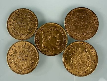 [法国]
5枚20法郎金币：1859A（1枚）、1860BB（2枚）、1869BB（1枚）和1870