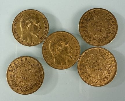[法国]
5枚1858A（3枚）和1858BB（2枚）年份的20法郎拿破仑无冠金币
有磨损
-
该批