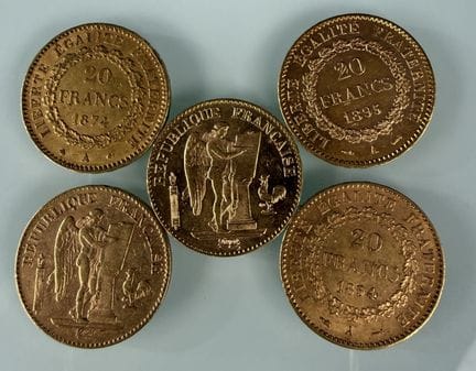 [法国]
5枚20法郎金币（带翅膀的天神图案）：1874A (1)、1893A (2)、1894A 