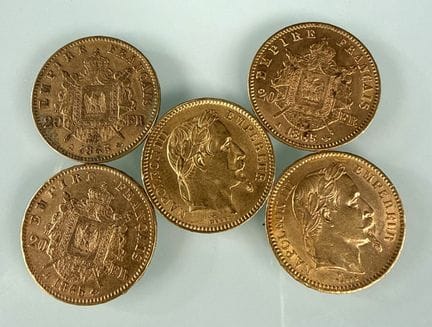 [法国]
5枚1865A年版拿破仑桂冠头像20法郎金币
有磨损
-
该批次存放在银行。参观及领取需预