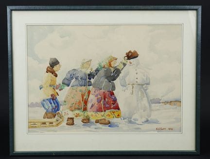 鲍里斯·克里洛夫（1891-1977）
《妇女与雪人》，水彩画，右下角签名并标注1938年
尺寸：2