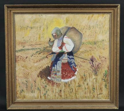 20世纪东欧画派
《身着传统服饰的农妇》，布面油画，右下角有签名并标注日期“44”
尺寸：55 x 