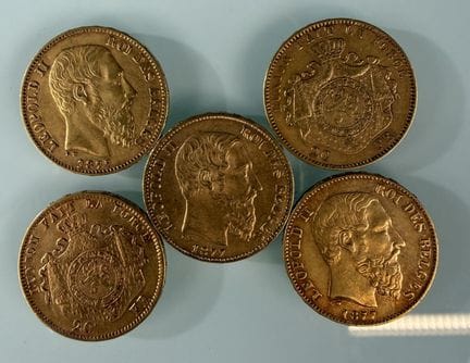 [比利时]
5枚1877年利奥波德二世20法郎金币
有磨损
-
该批次存放在银行。参观及领取需预约