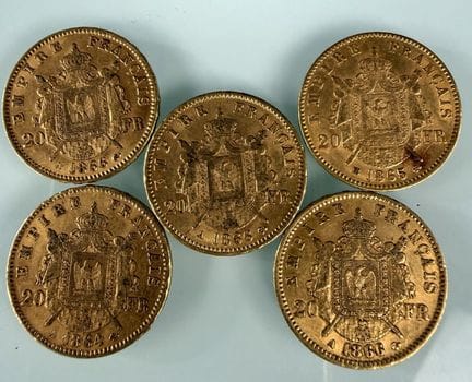[法国]
5枚20法郎金币，拿破仑戴月桂冠头像，年份分别为1864A（1枚）、1865BB（1枚）和