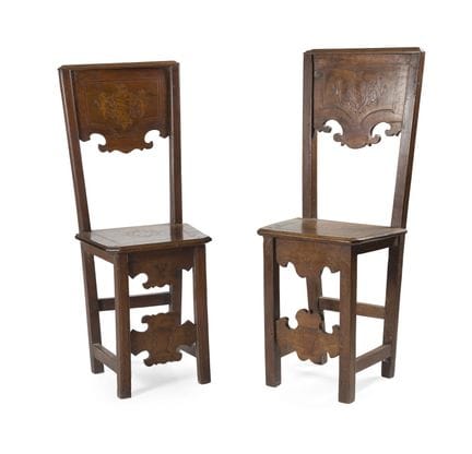 PAIR OF WALNUT CHAIRS WITH MARQUETRY
with a carved