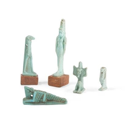 SET OF 5 FAIENCE AMULETS
depicting a triad: Isis, 
