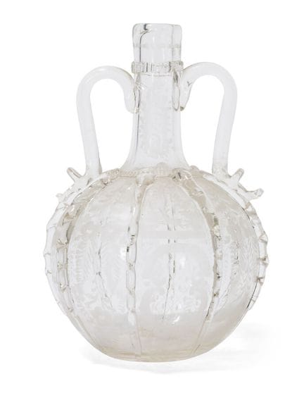 BLOWN AND ENGRAVED GLASS DECANTER
with two handles