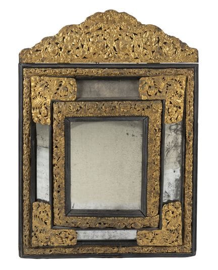 REPUSED COPPER AND EBONY MIRROR
decorated with fol