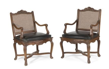 PAIR OF WICKER ARMCHAIRS IN WALNUT
with flat backs