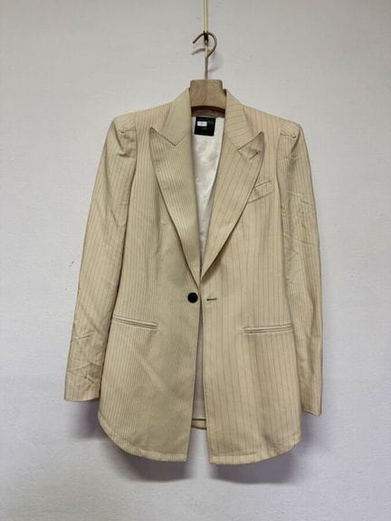 JEAN PAUL GAULTIER 女士 天然色羊毛与聚酰胺混纺海军蓝条纹夹克，单扣设计
尺码 3