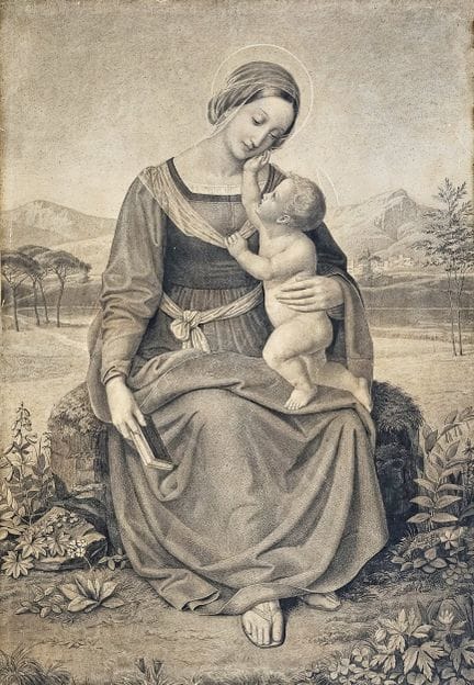 阿尔伯特·格雷弗勒（1807-1889）
《圣母与圣婴》。
画作右下角有签名。
（有破损）
115 