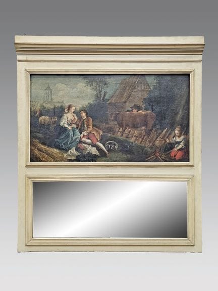 Trumeau en bois laqué, mouluré et orné d'une toile
