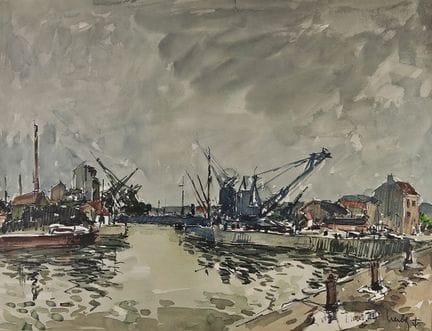 费尔南·埃尔博（1905-1995）
勒阿弗尔港。
水彩画，右下角以海军蓝墨水签名。
画幅尺寸：48