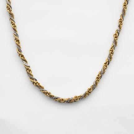 Cadena cordón en oro bicolor.
Peso total: 23,3 gr.