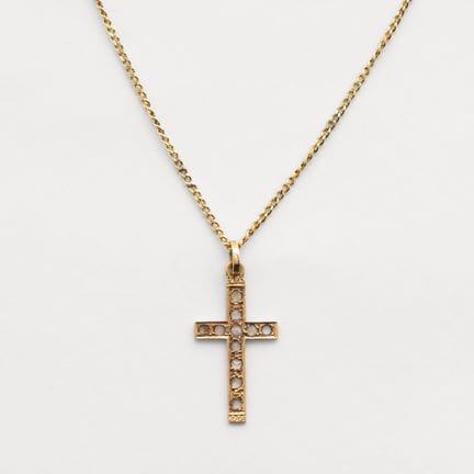 18K gold beaded chain with a 14K gold cross and ro
