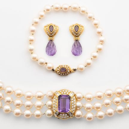 Conjunto de gargantilla de tres hilos de perlas cu