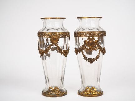 Pair of ovoid glass vases from 1900, with gilded b